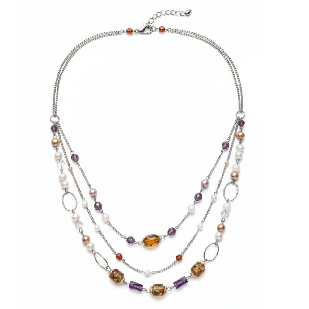 CREATION - 3 layers necklace - Purple brown pearl - silver chains